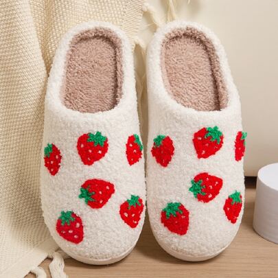 Women's Casual Round Toe Faux Suede Home Slippers With Embroidered Strawberry, Fashionable Autumn/Winter Slippers