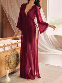 Women's Sexy Lingerie Transparent Mesh Lace Long Robe Bathrobe - Burgundy - View 3