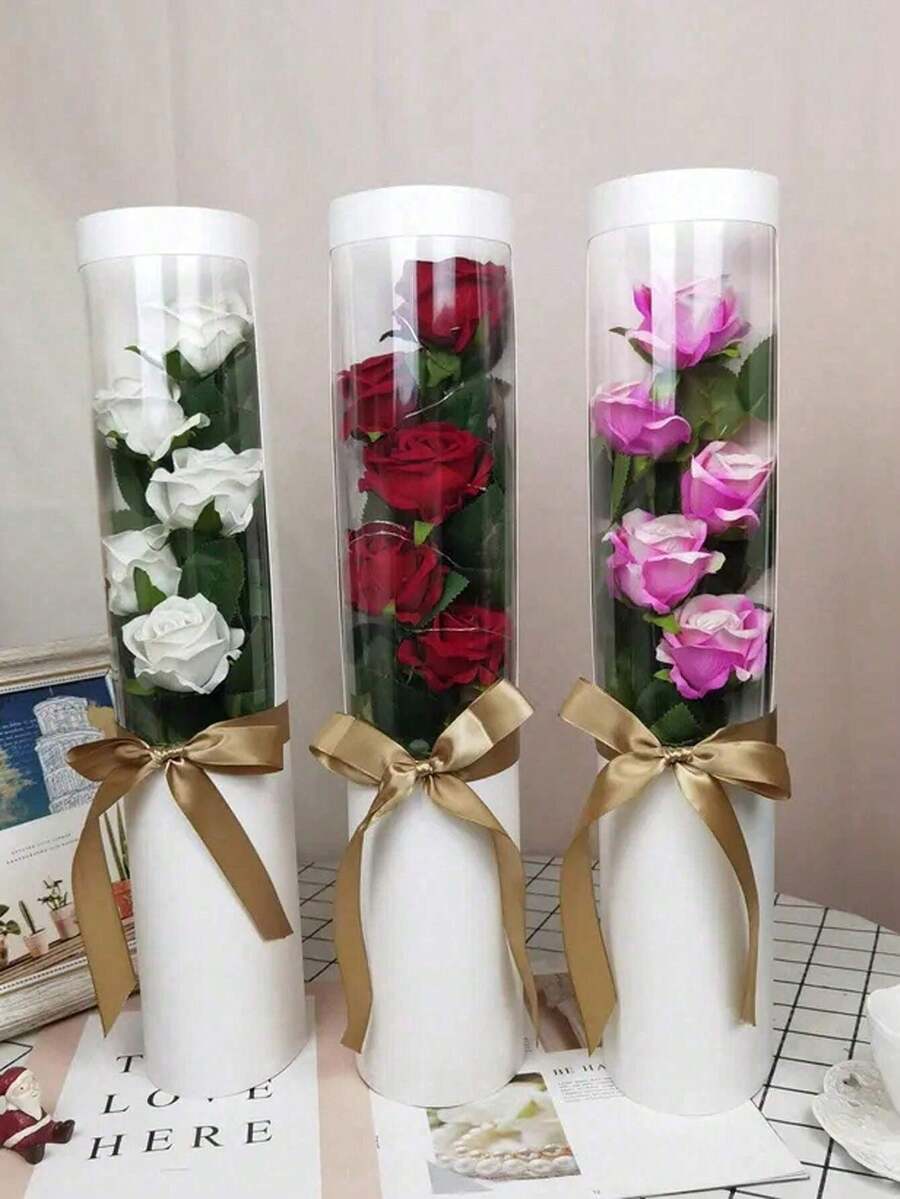 單支玫瑰花包裝禮盒,pvc手提花管袋,花材包裝袋,浪漫的玫瑰花禮盒包裝,適用於求婚、情人節派對、生日派對、女友、母親、老師禮物 - 白色 - 查看 1