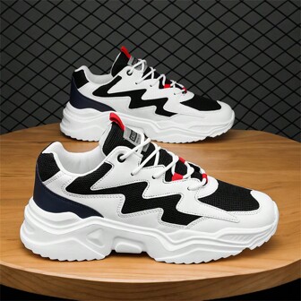 Men's Colorblock Letter Decoration Sports Shoes, Round Toe Lace-Up Athletic Sneakers For School