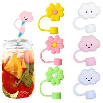 6Pcs Straw Tips Cover, Reusable Straw Toppers, Flowers And Clouds Silicone Straw Sleeve Caps, Decorative Straw Caps, For Party Favor Bags, Friends Gathering, Dustproof Straw Covers For  Cups, Party Supplies, Festival Decoration,10mm