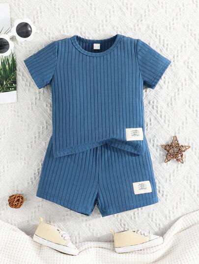 Baby Boy Summer Short Sleeve Round Neck Rib Knit T-Shirt And Shorts Casual Outfits