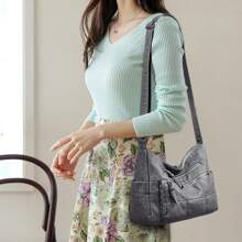 Solid Color Embroidery Detail Women's Shoulder Crossbody Bag