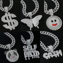 1pc Full Diamond Set Hip Hop Chain With Silver-Tone Hip Hop Pendant For Men's Daily Wear - Silver - View 2