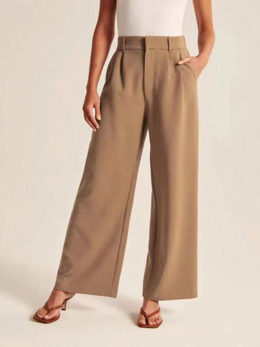 Straight Dress Pants Comfortable Cool Elegant Stretch Casual Wide Leg Pants Women - Khaki - View 1