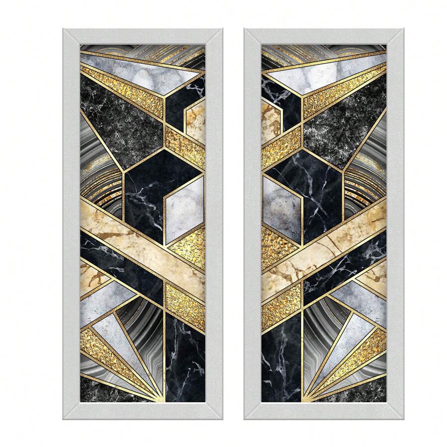 Kit 2 Quadros Lavabo Mosaico Decorativo Abstrato Moderno Preto e Dourado Mármore Decoração Quarto Sala Hall de Entrada - Branco - Visão 1