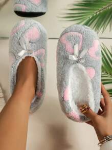 Heart Pattern Bow Decor Fuzzy Bedroom Slippers - Multicolor - View 4