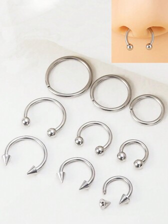 9pcs Hoop Earrings Nose Ring Septum Real Piercing Bar Set Ear Cartilage Tragus Helix Lip Barbell Jewelry