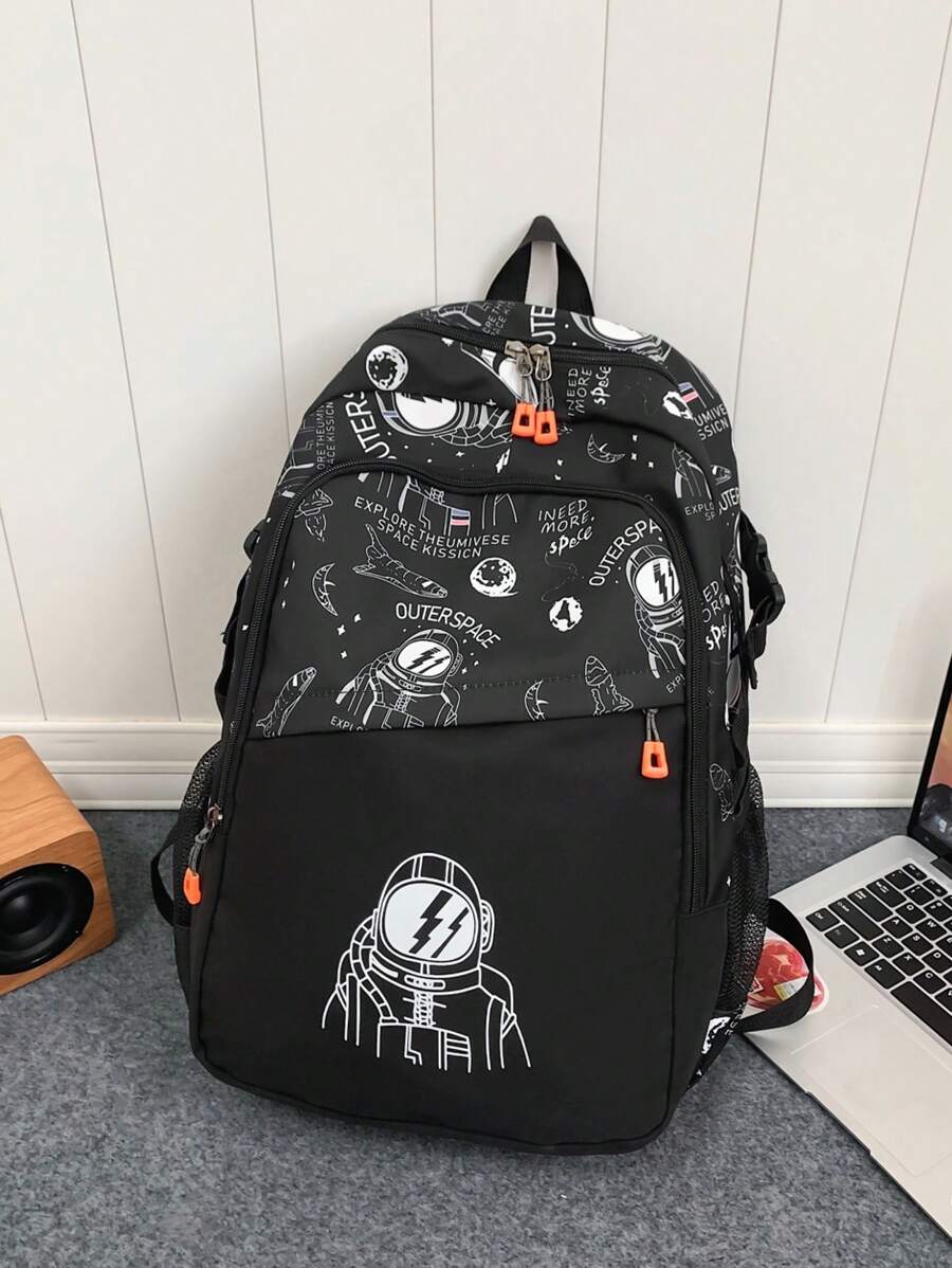 Large Capacity Travel Backpack, Laptop Backpack, Astronaut Printed School Bag For Primary School - Black - View 1