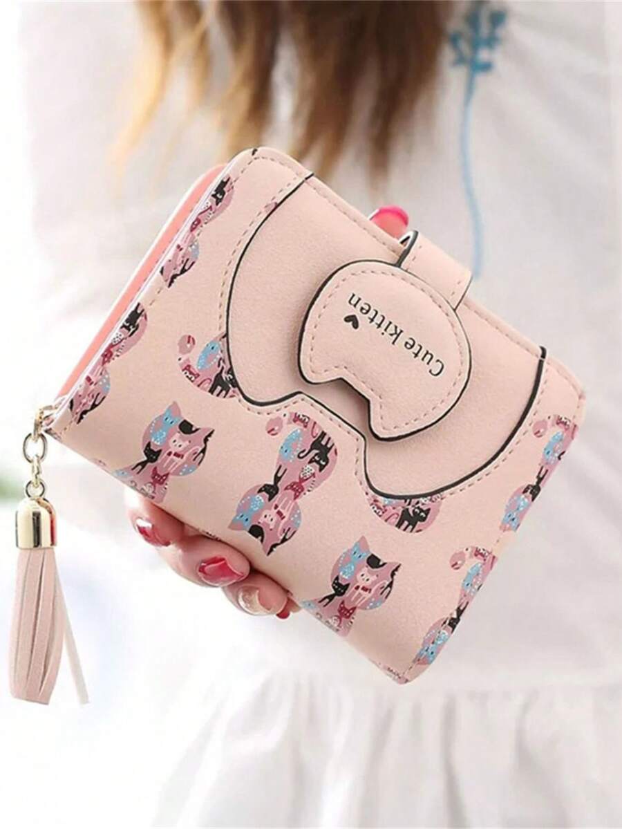 女士女孩可爱卡通猫钱包优雅卡包零钱包小号 PU 皮革手拿包手提包时尚可爱钱包 - 粉色 - 查看 1