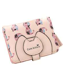 女士女孩可爱卡通猫钱包优雅卡包零钱包小号 PU 皮革手拿包手提包时尚可爱钱包 - 粉色 - 查看 4