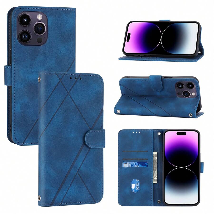 簡約線條圖案,磁扣卡槽,錢包式手機殼,pu皮革,手帶,適用於iphone手機,iphone15/15plus/15pro/15promax適用,時尚,休閒,商務 - 藍色 - 查看 1