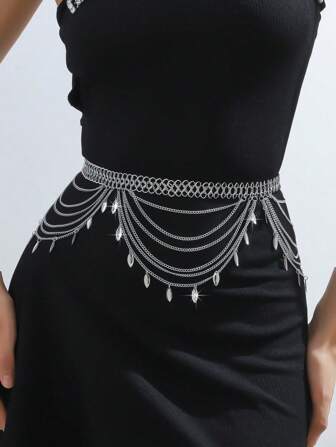 1pc New Arrival Multi-Layer Wave & Leaf Shaped Waist Chain For Women, Fashionable Body Chain