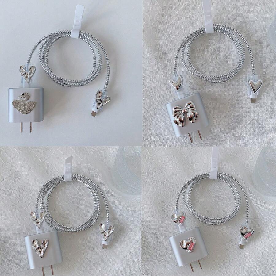 5pcs Silver Rhinestone Heart/Bow Design 20w Charger Protective Case - Silver - View 1