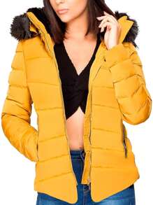 Shendy Vendy Chamarra Para Mujer Poliéster Cálido Con Cuello Tipo Piel - Amarillo Mostaza - Ver 2