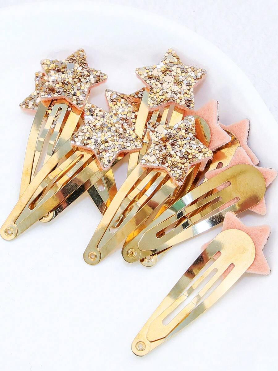 1set/10pcs Mixed Color Small Size Shiny Star Decor Hair Clips, Gold Plating Waterdrop Shaped Bb Pins, Birthday Party, Daily Wear For Girls With Light Brown Side Bangs - Khaki - View 1