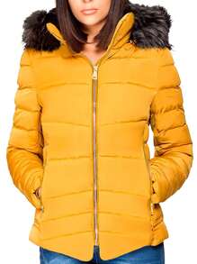 Shendy Vendy Chamarra Para Mujer Poliéster Cálido Con Cuello Tipo Piel - Amarillo Mostaza - Ver 1
