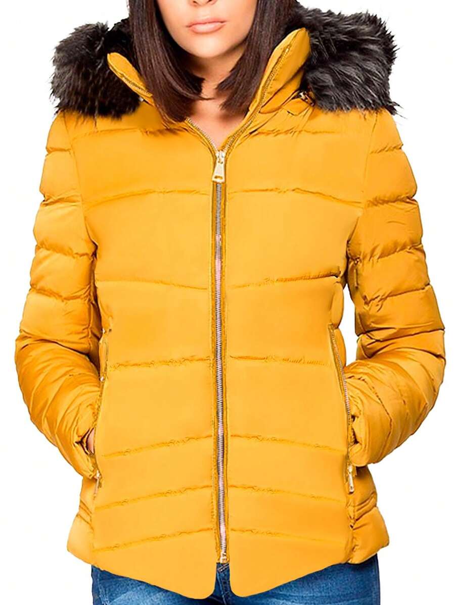 Shendy Vendy Chamarra Para Mujer Poliéster Cálido Con Cuello Tipo Piel - Amarillo Mostaza - Ver 1