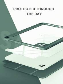 硅胶透明保护套,三折设计带笔槽,透明后盖,超薄支架,防震防摔 - 墨綠色 - 查看 5