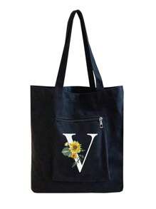 1个字母花卉图案手提包，女士休闲帆布手提包，适合度假、海滩和日常生活，是送给女性、妈妈、老师、朋友、伴娘的绝佳礼物，大容量，适合学生、返校季使用，便携休闲收纳手提包，多功能购物袋，全新设计，大容量，购物的理想之选 - 黑色 - 查看 10