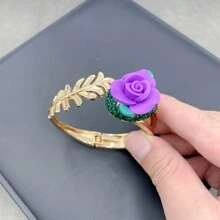 2pcs/Set Women's Decorative Handmade Soft Pottery Flower Bracelet And Ring Set With Green Crystal & Czech Diamond, Vintage Bronze Inlay, Fashionable &