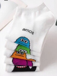 5 Pairs White Cartoon Character Ankle Socks For Women - Multicolor - View 2