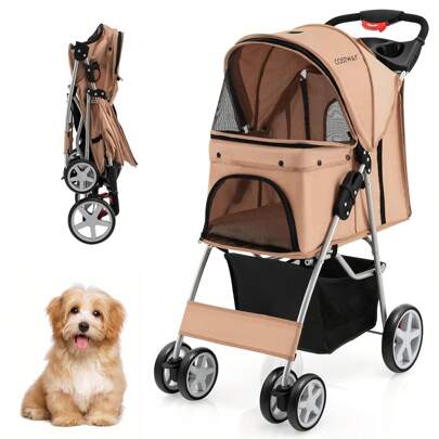Pet Stroller, Foldable Cat & Dog Buggy With Basket & Storage, Adjustable Canopy, All-Terrain EVA Wheels, Portable Travel Cart For Small & Medium Pets (Beige)