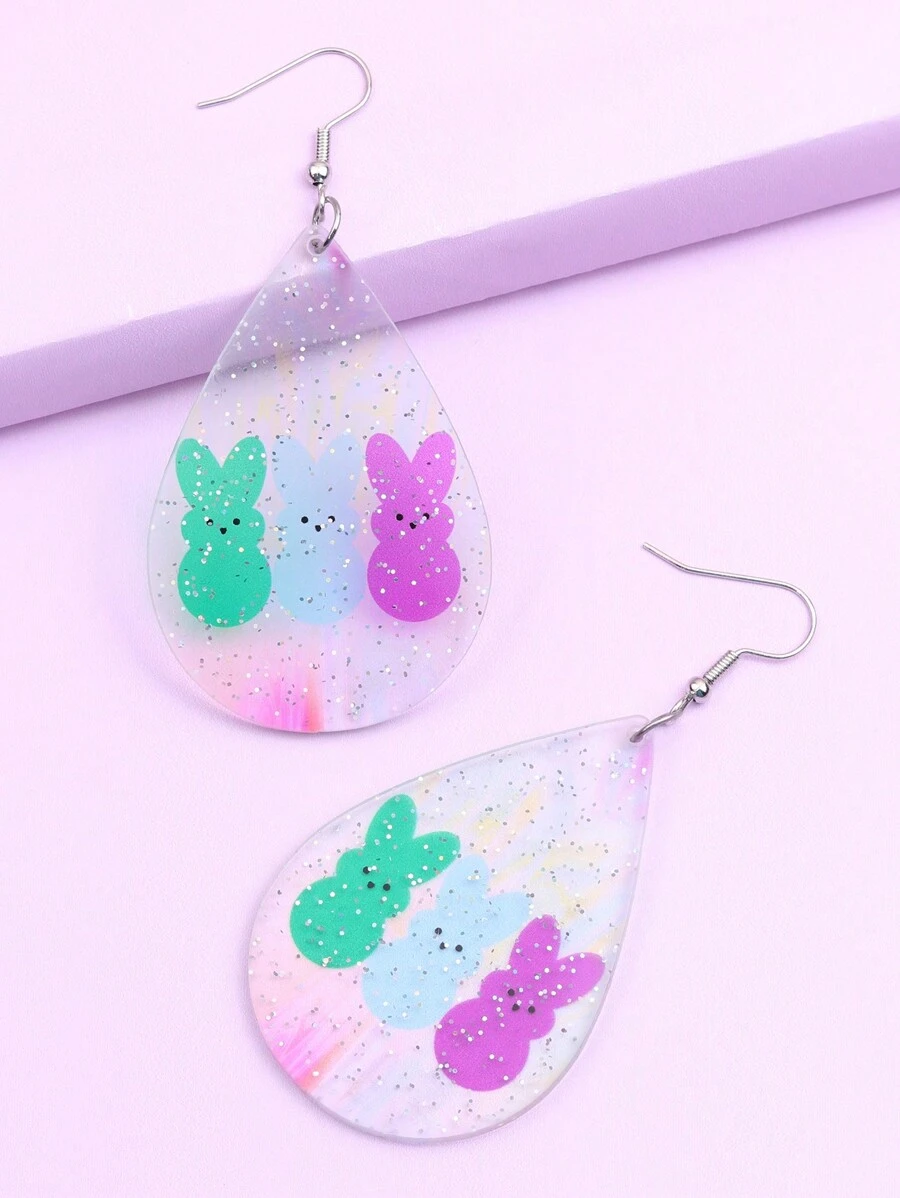 1 Par De Aretes Colgantes Con Temática De Pascua En Forma De Gota De Agua Y Conejo De Colores Para Mujeres - Azul - Ver 1