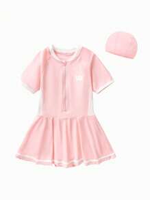 Balabala Tween Girls One-Piece Swimsuit Set With Cap, Fashion Swimwear For Summer