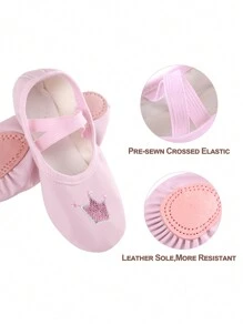 Girls' Dance Shoes Pu Leather Soft Sole Crown Pattern Ballet Slippers For Kindergarten Practice, Non-Slip Dance Shoes