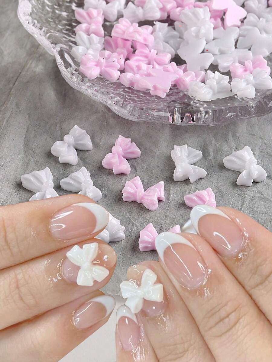 Nơ nhựa 3D trang trí móng tay, mặt dây chuyền trang sức màu hồng & trắng, phụ kiện tự làm. - Nhiều màu - Xem 1