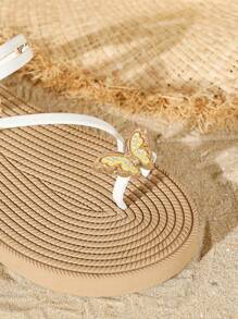 Kate Miuch 女士春夏原创设计森系度假风轻便舒适休闲凉鞋，蝴蝶扣细节，细仿绳带，平底白色圆头露趾沙滩凉鞋 - 白色 - 查看 6