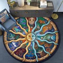 1pc Round Shaped Faux Cashmere Carpet Living Room Bedroom Water-Absorbing Anti-Slip Sponge Printed Bedside Table Chair Foot Cushion Carpet - Twelve Constellations Of the Sun and Moon - View 1