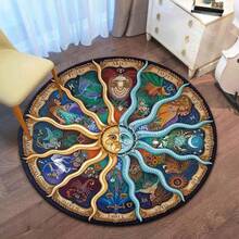1pc Round Shaped Faux Cashmere Carpet Living Room Bedroom Water-Absorbing Anti-Slip Sponge Printed Bedside Table Chair Foot Cushion Carpet - Twelve Constellations Of the Sun and Moon - View 2