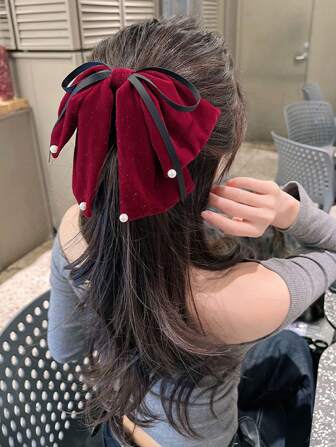 1 pieza Elegante Clip de Pelo con Lazo de Felpa Rojo Oscuro y Decoración de Perlas Falsas, Adecuado para Uso Diario, Casual, Fiesta, etc., Accesorios de Escuela, Día de San Valentín, Ganchos de Pelo, Pinzas de Pelo, Clips de Pelo, Pinzas de Pelo, Sujetadores de Pelo, Accesorios de Pelo para Mujer para Vacaciones