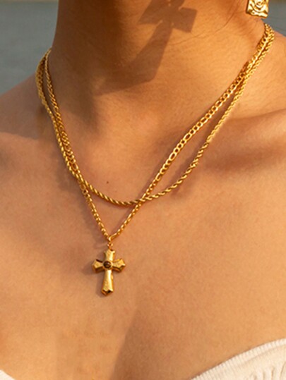 Uworld 1pc 18k Gold Plated Stainless Steel Threaded Liquid Texture Folded Cross Amber Double Layer Necklace