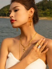 Uworld 1 件 18k 鍍金不鏽鋼螺紋液態質感折疊十字琥珀雙層項鍊