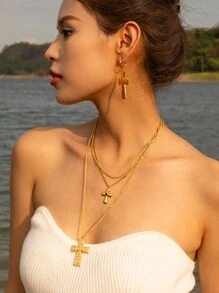 Uworld 1 件 18k 鍍金不鏽鋼螺紋液態質感折疊十字琥珀雙層項鍊