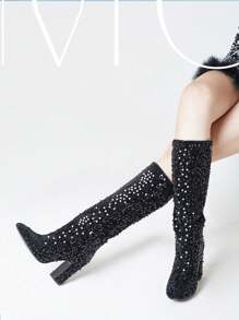 Metallic Shiny Women GO GO Boots Bling Sparkly Sequin Pull On Chunky High Heels Mid Calf Party Nightclub Disco Halloween Party Shoes - 黑色 - 查看 4