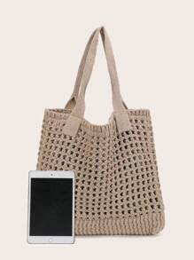 ENBEI Large Capacity Hollow Out Handmade Crochet Shopping Bag, Teacher Gifts And Mother's Day Gift For Mom School Bag,Holiday Essentials, Large Capacity, Lightweight, Portable, Classic Casual, Suitable For Teen Girls Women College Students Vacation, Holiday, Outdoors, Travel, Outings, Beach Purse, Perfect For Summer, Vacation & Daily Use, Travel Must Haves,Khaki And Beige Shoulder Bags, Tote Bags,Shopping Bags - Khaki - View 9