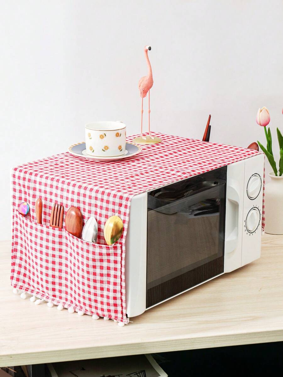 1 pieza Cubierta de tela con patrón geométrico a prueba de polvo para horno microondas, bolso, organizador, almacenamiento de uso doméstico - Rojo - Ver 1