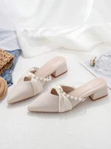 Women's Thick Heel Sandals, 2025 Spring And Summer New French Square Toe Half Slingback Shoes, Mid-Heel Pearl Decor Pointed Toe Slide Sandals Paired With Dresses - Apricot - View 3