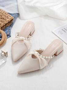 Women's Thick Heel Sandals, 2025 Spring And Summer New French Square Toe Half Slingback Shoes, Mid-Heel Pearl Decor Pointed Toe Slide Sandals Paired With Dresses - Apricot - View 1