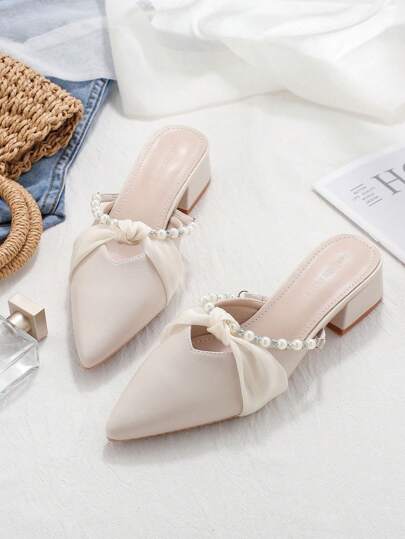Women's Thick Heel Sandals, 2025 Spring And Summer New French Square Toe Half Slingback Shoes, Mid-Heel Pearl Decor Pointed Toe Slide Sandals Paired With Dresses