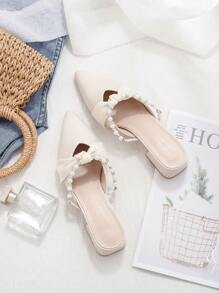 Women's Thick Heel Sandals, 2025 Spring And Summer New French Square Toe Half Slingback Shoes, Mid-Heel Pearl Decor Pointed Toe Slide Sandals Paired With Dresses - Apricot - View 5