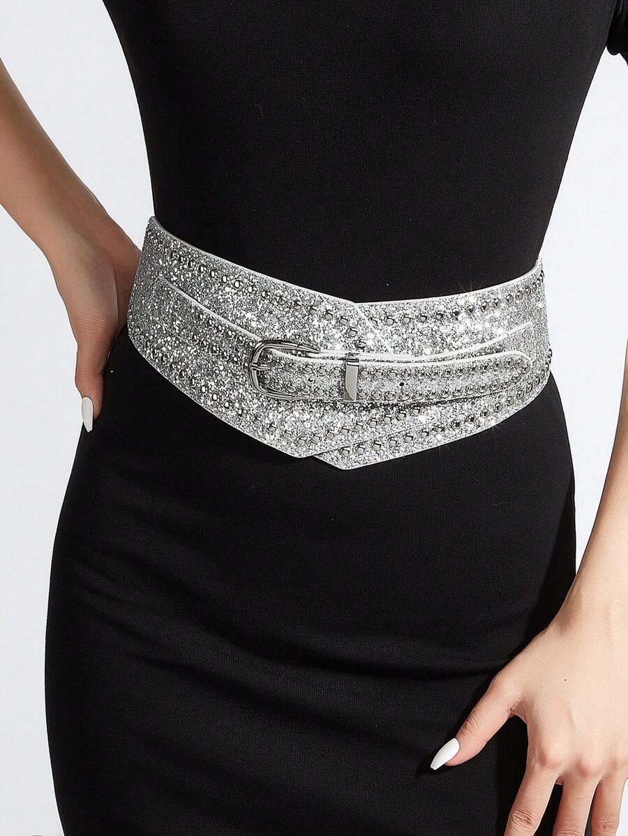 1 pièce Ceinture élastique large à paillettes de haute qualité pour femmes, parfaite pour diverses robes et manteaux pour les sorties, les fêtes, l'été, l'école, l'automne, Halloween - Argent - Voir 1