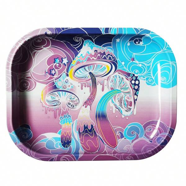 Vassoio per rollare in metallo spesso da 18cm*14cm, con disegno a motivo di funghi