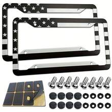 2 件美国国旗牌照框 - 美国爱国黑白汽车标签盖带螺丝帽紧固件，4 孔重型细线铝支架 - 黑與白 - 查看 1