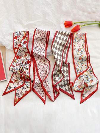 4pcs/Set Ladies' French-Style Red Floral Print Scarf Headband For Casual, Elegant, Date, Daily Wear And Gift Decoration Boho Hair Band Turban Headband Sweatband, Hairband Fall Winter Hair Accessories For Women Bows For Vacation Outfits Woman Women Bandanas Soft Headwrap