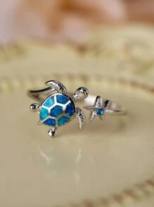 純銀 S925 藍色澳洲蛋白石海龜海星開口戒指女式,適合節日和派對佩戴